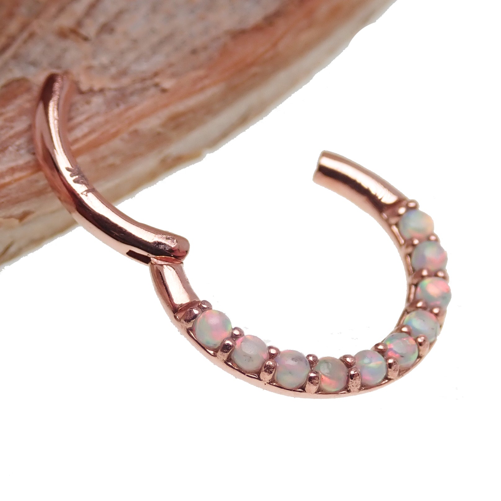 14k solid rose gold opal clicker body jewelry with open design, 16g gauge, by Body Clickers.