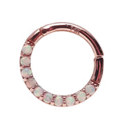 14k solid rose gold opal clicker body jewelry with a cabochon opal, designed for piercings, by Body Clickers.