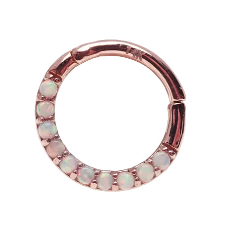 14k solid rose gold opal clicker body jewelry with a cabochon opal, designed for piercings, by Body Clickers.