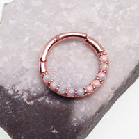 14k solid rose gold opal cabochon clicker body jewelry with a forward-facing design, 16g gauge, by Body Clickers.