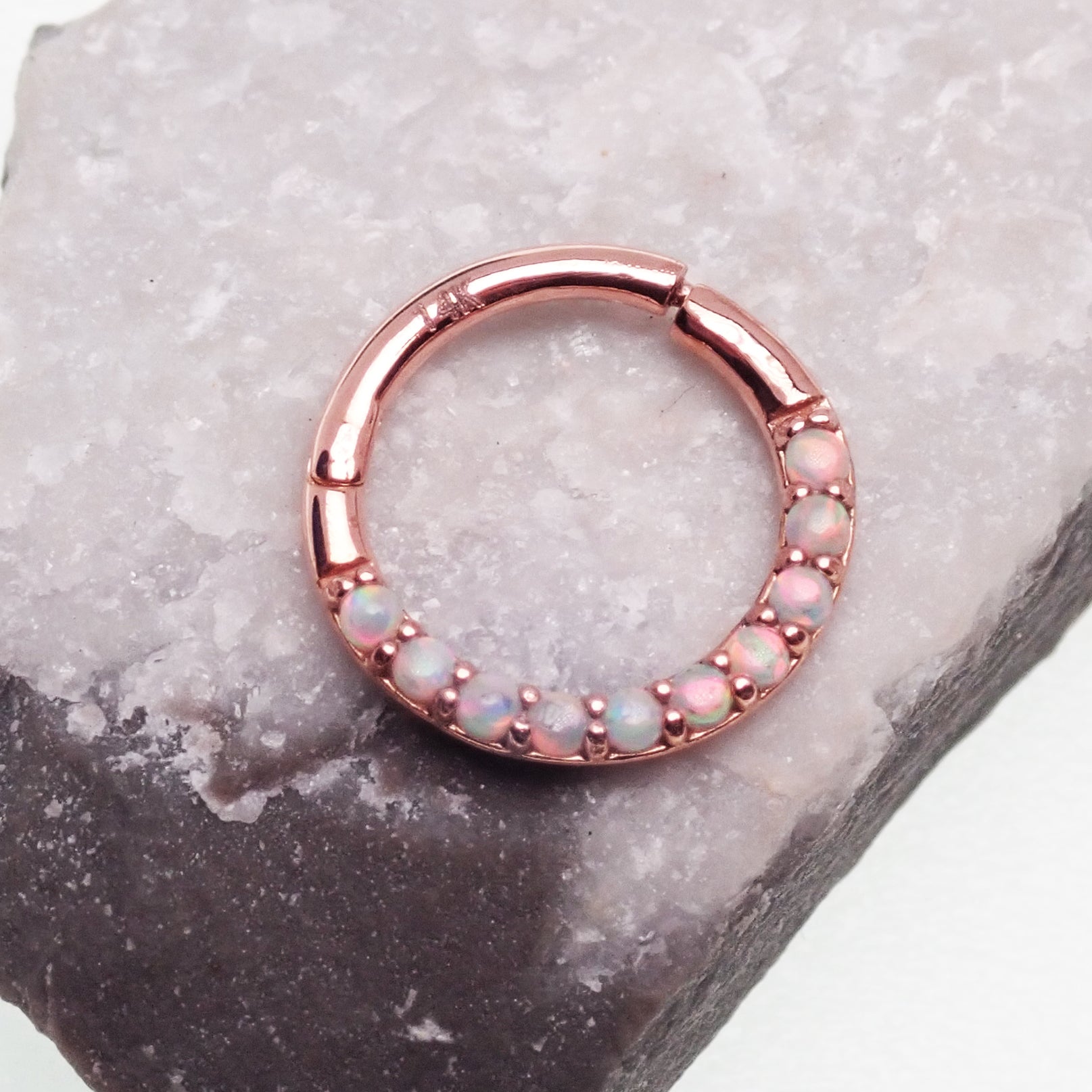 14k solid rose gold opal cabochon clicker body jewelry with a forward-facing design, 16g gauge, by Body Clickers.