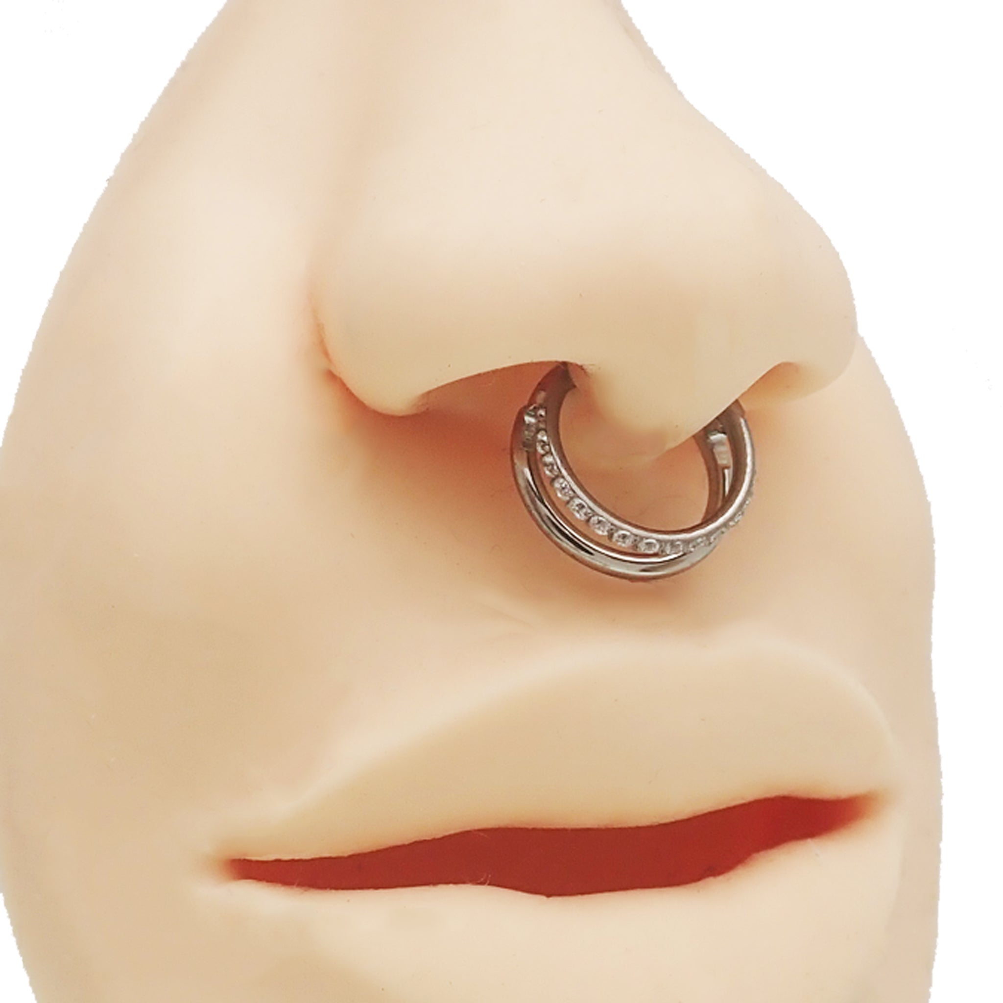Clear CZ double row titanium clicker body jewelry in 16g with sparkling stones and sleek design, by Body Clickers.