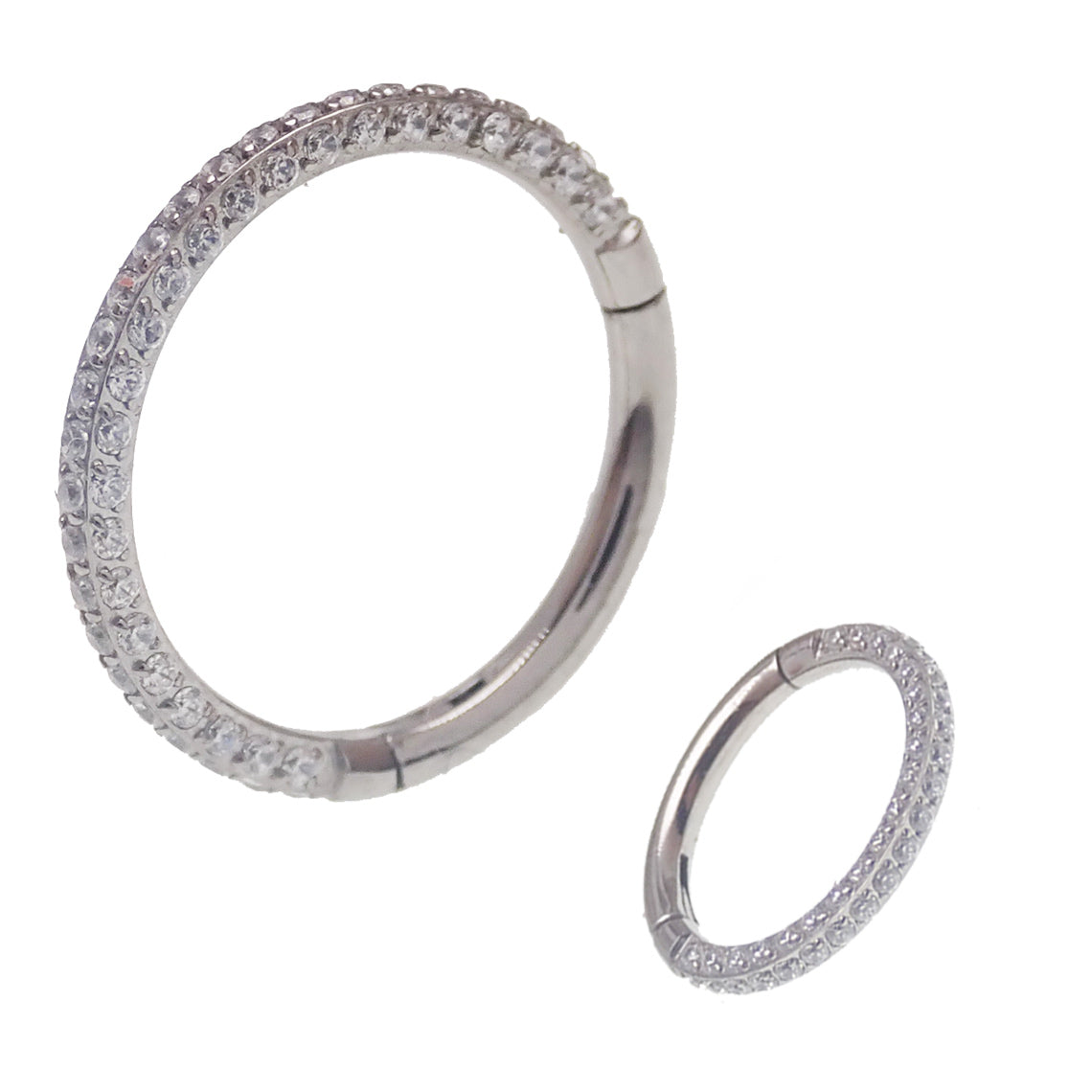 Hinged titanium CZ clicker body jewelry with cubic zirconia stones, suitable for septum, conch, helix, daith, rook, lip, and nose piercings.