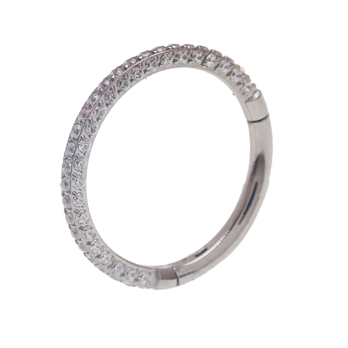 Hinged titanium clicker body jewelry with cubic zirconia stones in 16g size, showcasing all sides with multiple gemstone sizes.