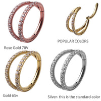 Double CZ clicker ring in 16g body jewelry with 8mm diameter, featuring sparkling cubic zirconia stones and stainless steel design.