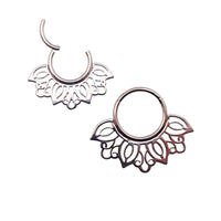 Filigree titanium 16g clicker body jewelry with intricate design, made by Body Clickers, shown in the image.