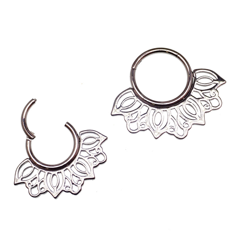 Filigree titanium clicker body jewelry in 16g with intricate design, from Body Clickers.