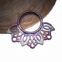Filigree titanium clicker body jewelry in 16g with intricate design, made by Body Clickers, for ear or cartilage piercing.
