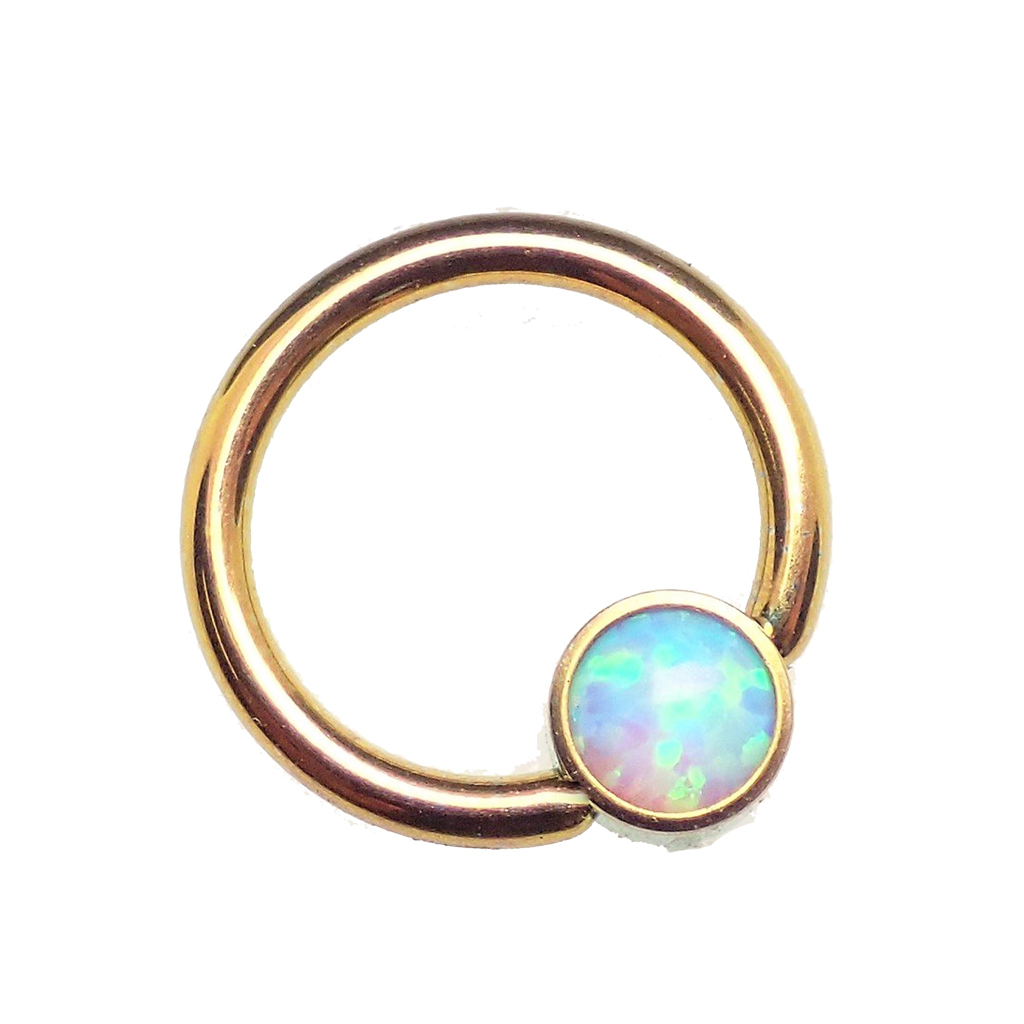 Gold and opal titanium CBR body jewelry by Body Clickers with 8mm size, featuring a shiny gold finish and vibrant opal accents.