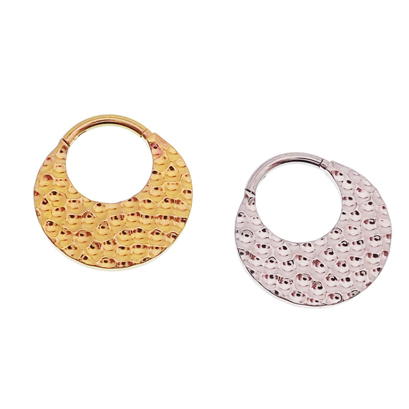 Hammered titanium 16g clicker body jewelry with 8mm diameter from Body Clickers, featuring a textured hammered finish.