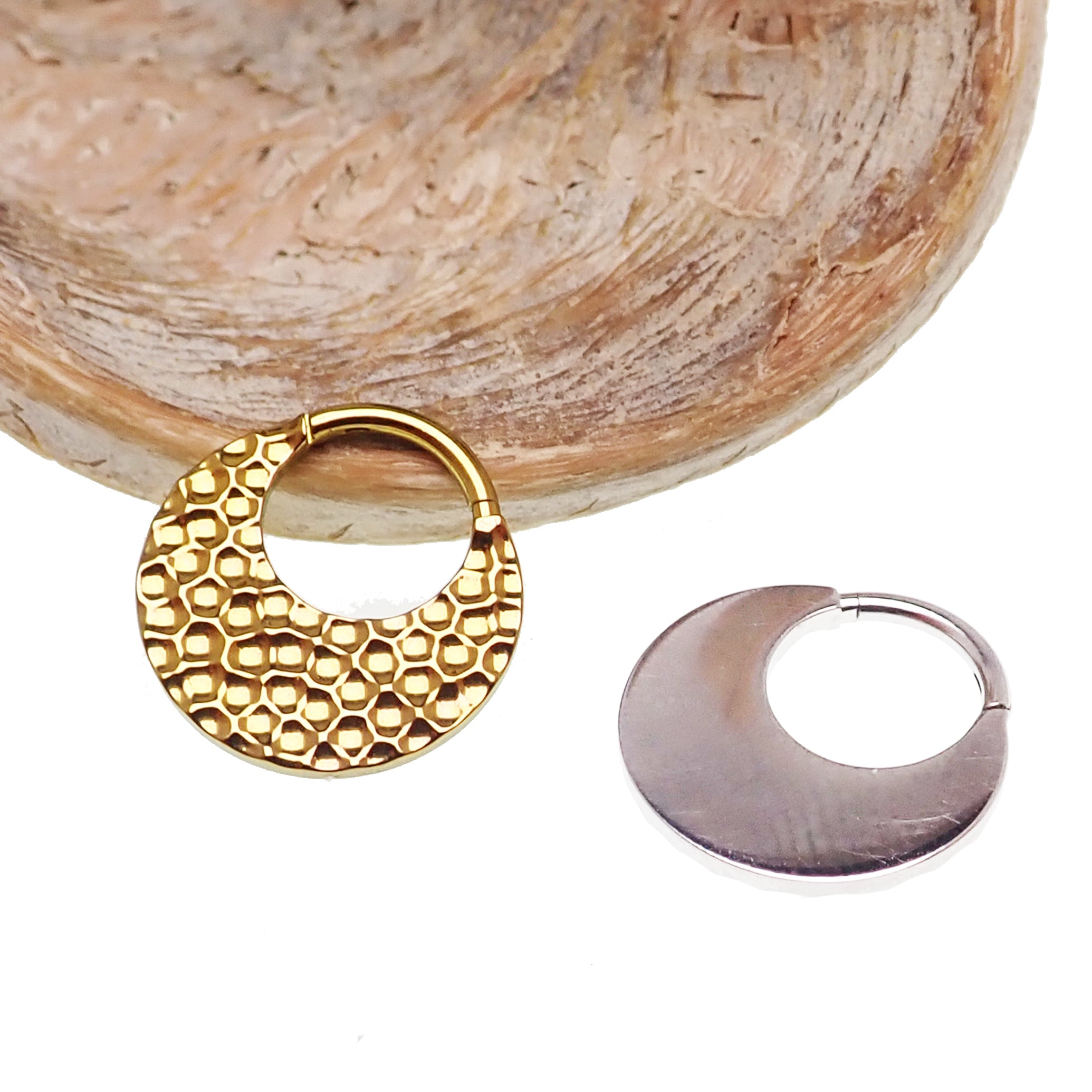 Hammered titanium 16g body jewelry clicker with an 8mm design from Body Clickers.