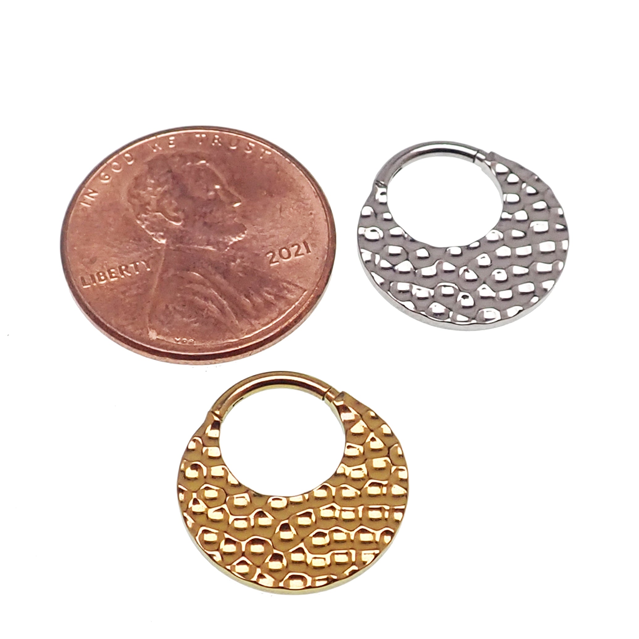 Hammered titanium 16g clicker body jewelry by Body Clickers, 8mm curved cartilage or septum ring with textured finish.