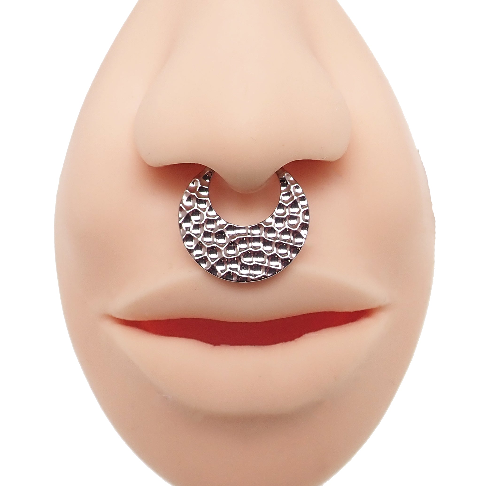 Hammered titanium 16g clicker body jewelry by Body Clickers, 8mm curved design with textured hammered finish.