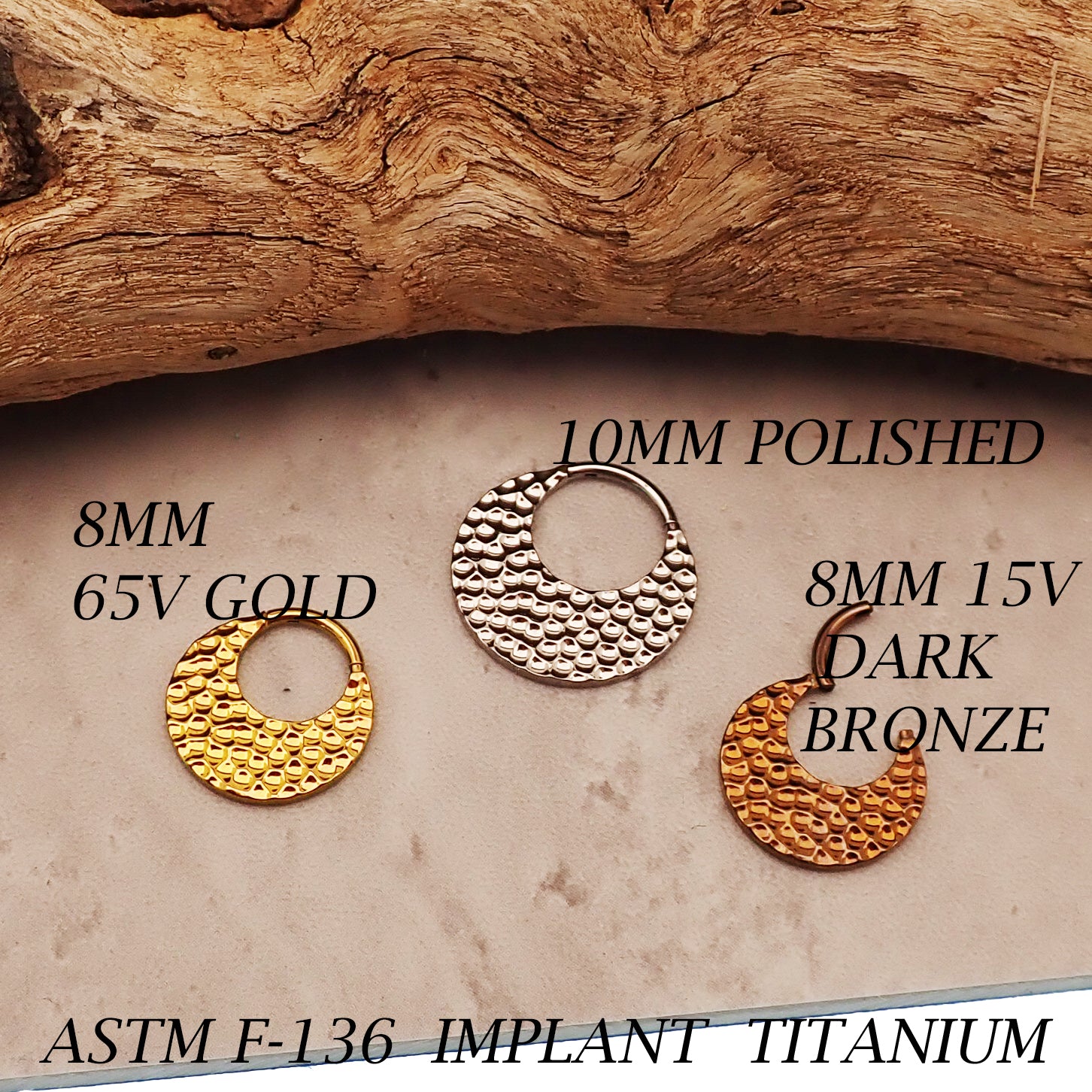Hammered titanium 16g clicker body jewelry with 8mm diameter from Body Clickers, featuring a textured hammered finish.