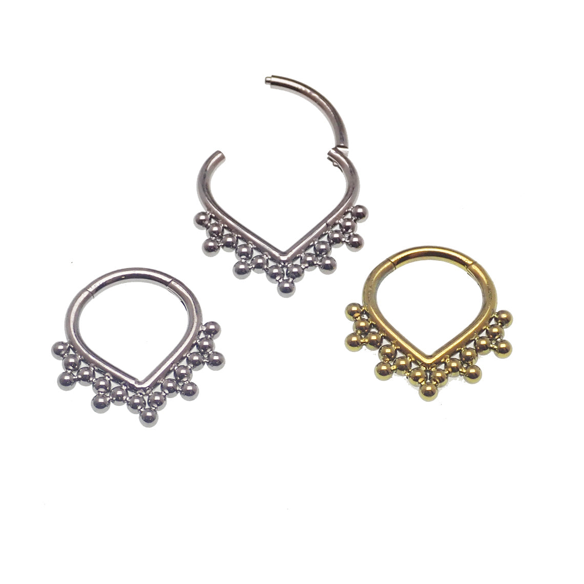 Heart-shaped beaded titanium clicker body jewelry in 16g with 8mm beads, featuring a stylish and comfortable design by Body Clickers.