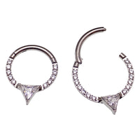 Hinged clicker body jewelry with triangle CZ charm, 16g stainless steel, featuring an 8mm design by Body Clickers