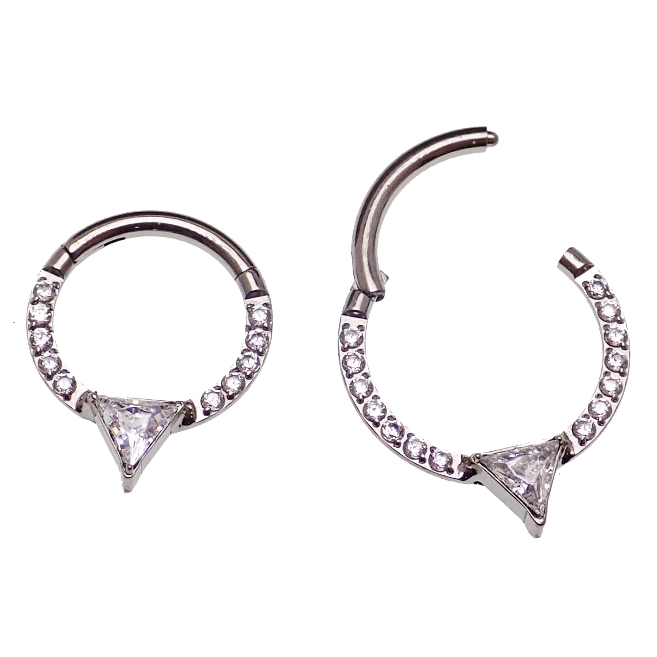 Hinged clicker body jewelry with triangle CZ charm, 16g stainless steel, featuring an 8mm design by Body Clickers