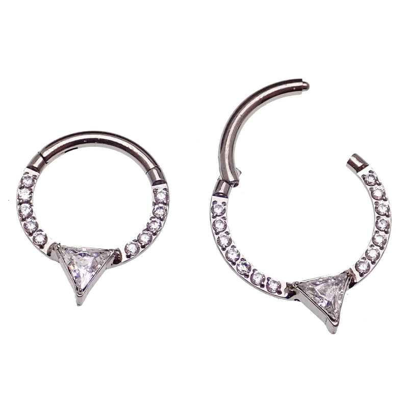 Hinged clicker body jewelry with triangle CZ charm, 16g stainless steel, featuring an 8mm design by Body Clickers