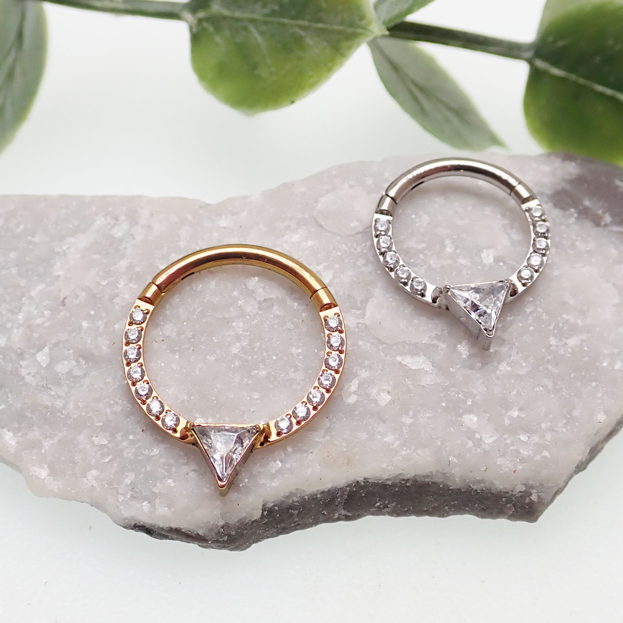 Hinged 16g Body Clicker jewelry with triangle-shaped cubic zirconia from Body Clickers, featuring a sleek silver finish.