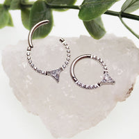 Hinged Body Clicker jewelry with 8mm triangle CZ, 16g gauge, from Body Clickers, showcasing the stylish body jewelry design.