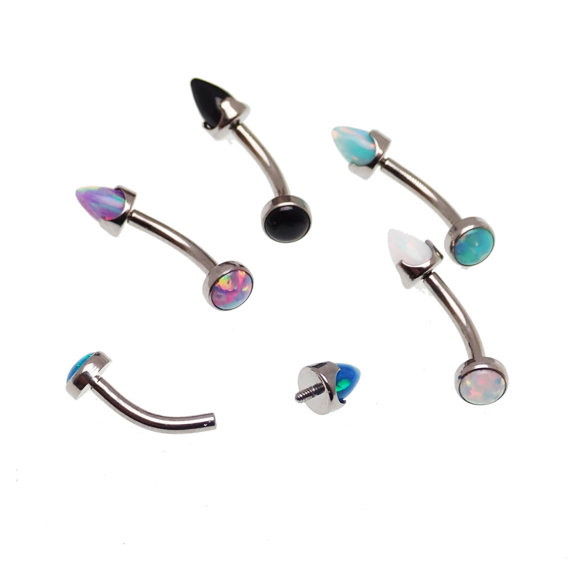 14g Body Clickers curved opal spike bar with cabochon top, body jewelry featuring a sleek cone curve design.