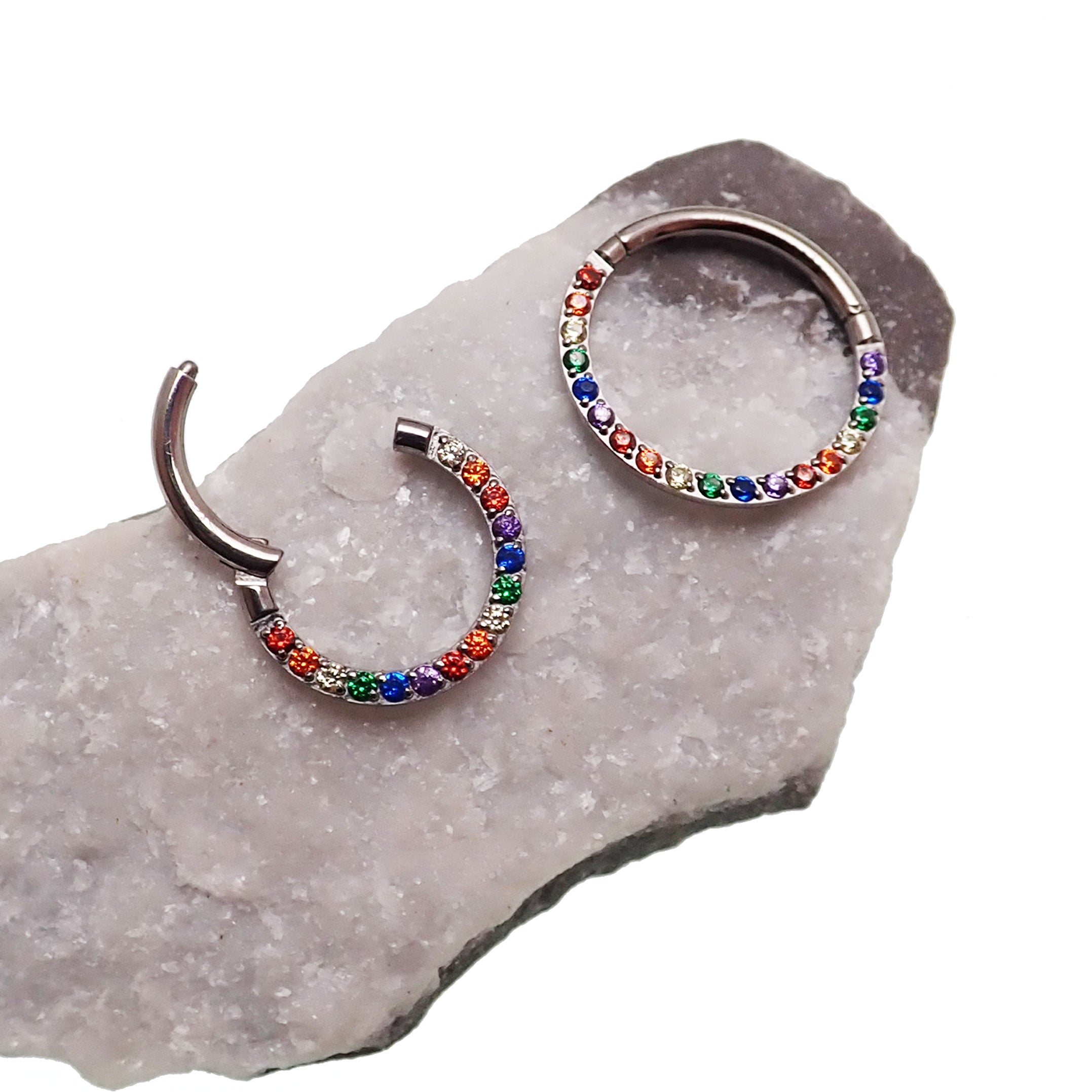 Titanium 16g Multi Stone CZ Body Clickers clicker jewelry with colorful gemstones for body piercing adornment.