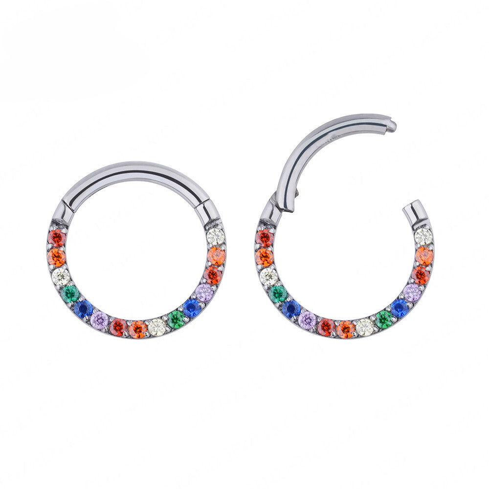 Multi-stone CZ titanium clicker body jewelry in 16g with 8mm design, featuring colorful cubic zirconia stones.