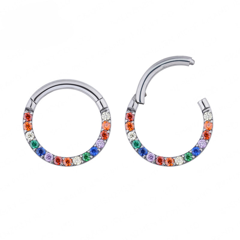 Multi-stone CZ titanium clicker body jewelry in 16g with 8mm design, featuring colorful cubic zirconia stones.