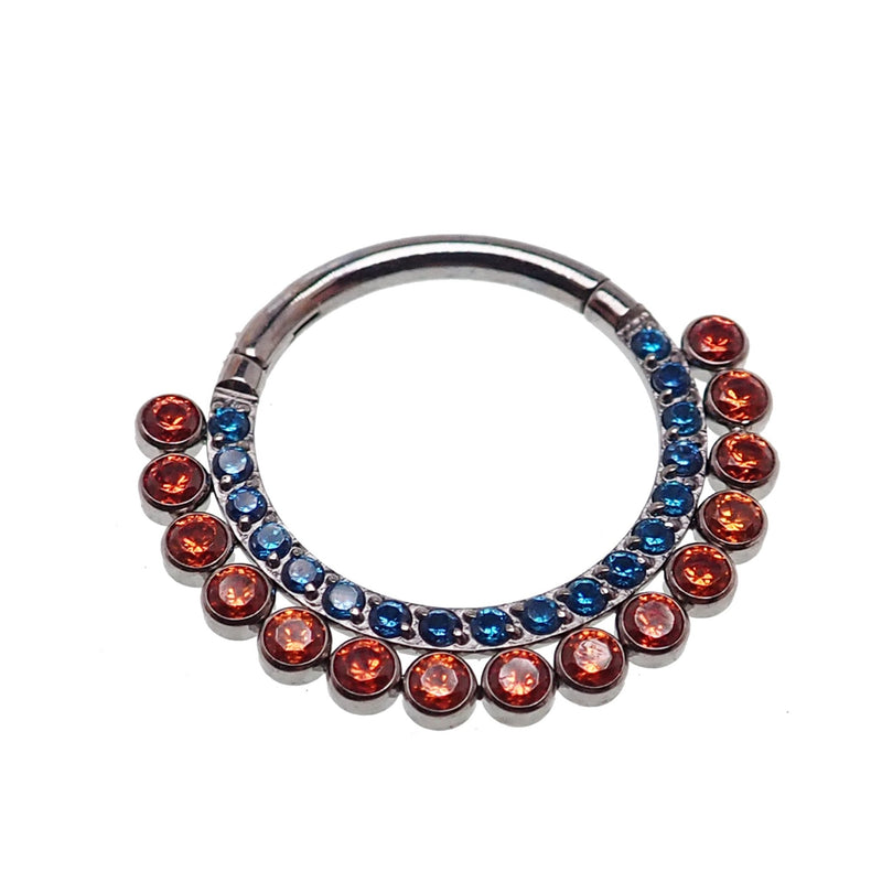 Orange and blue CZ titanium clicker body jewelry in 16g with 8mm diameter, featuring colorful gemstone accents.