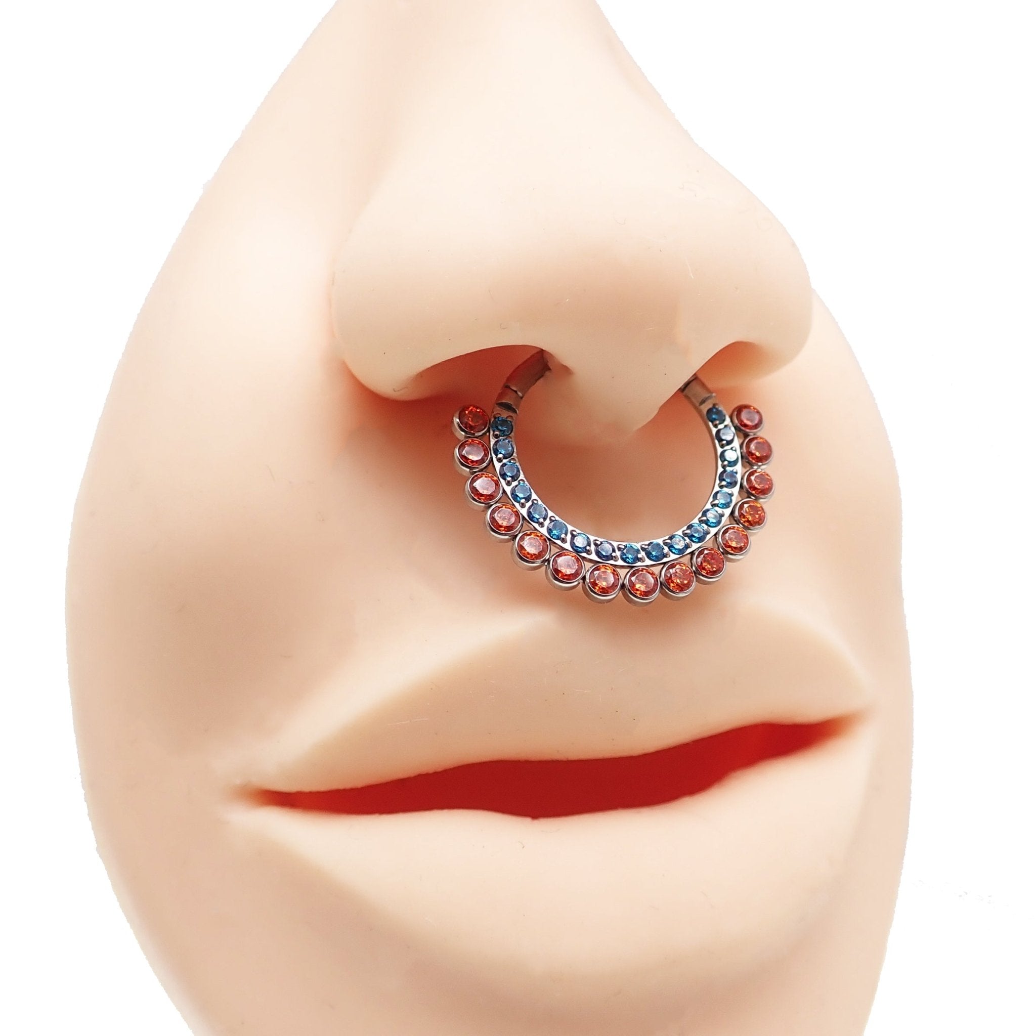 Orange and blue CZ titanium clicker body jewelry with 8mm design, 16g gauge, by Body Clickers.