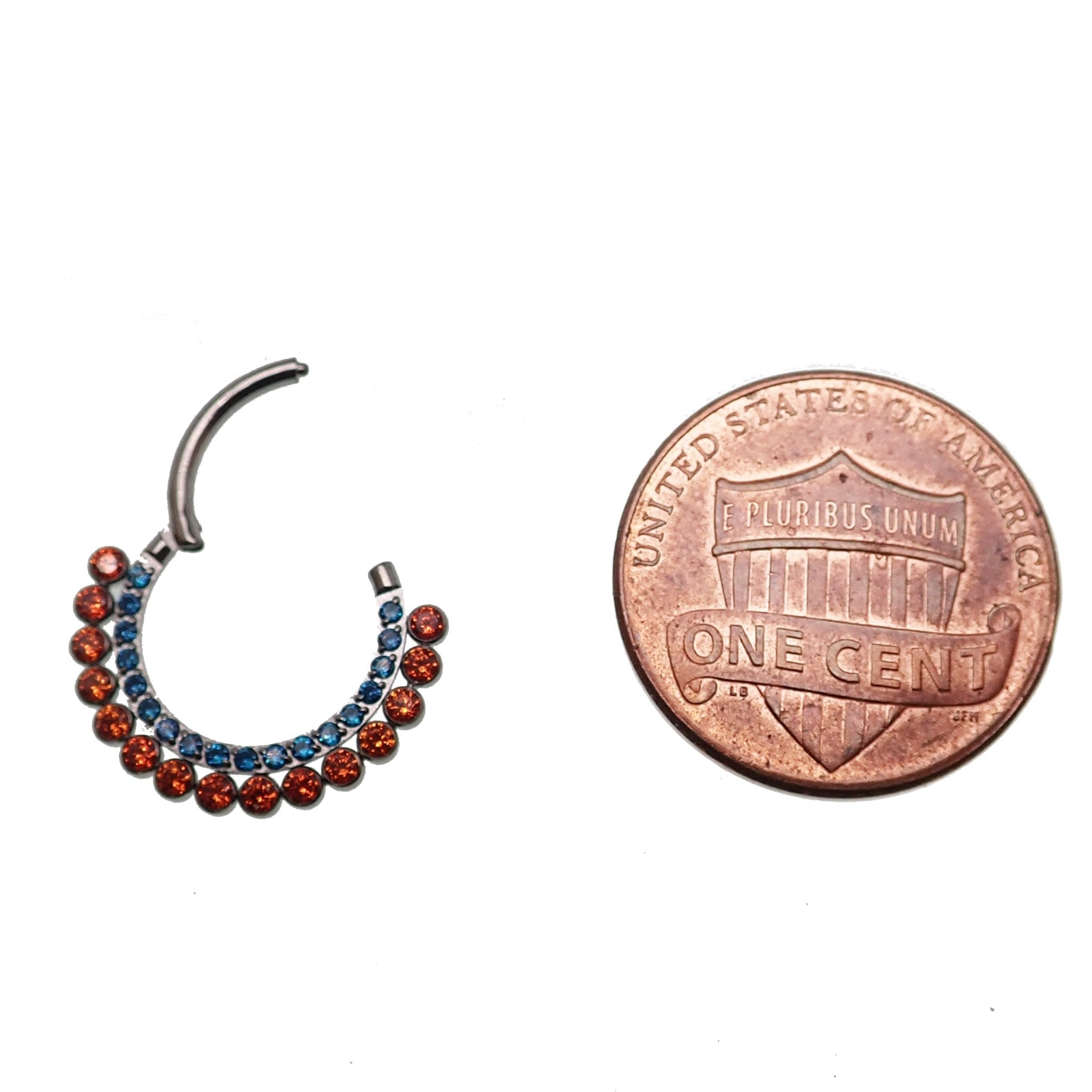 Orange and blue CZ titanium clicker body jewelry, 16g, with 8mm diameter, from Body Clickers.