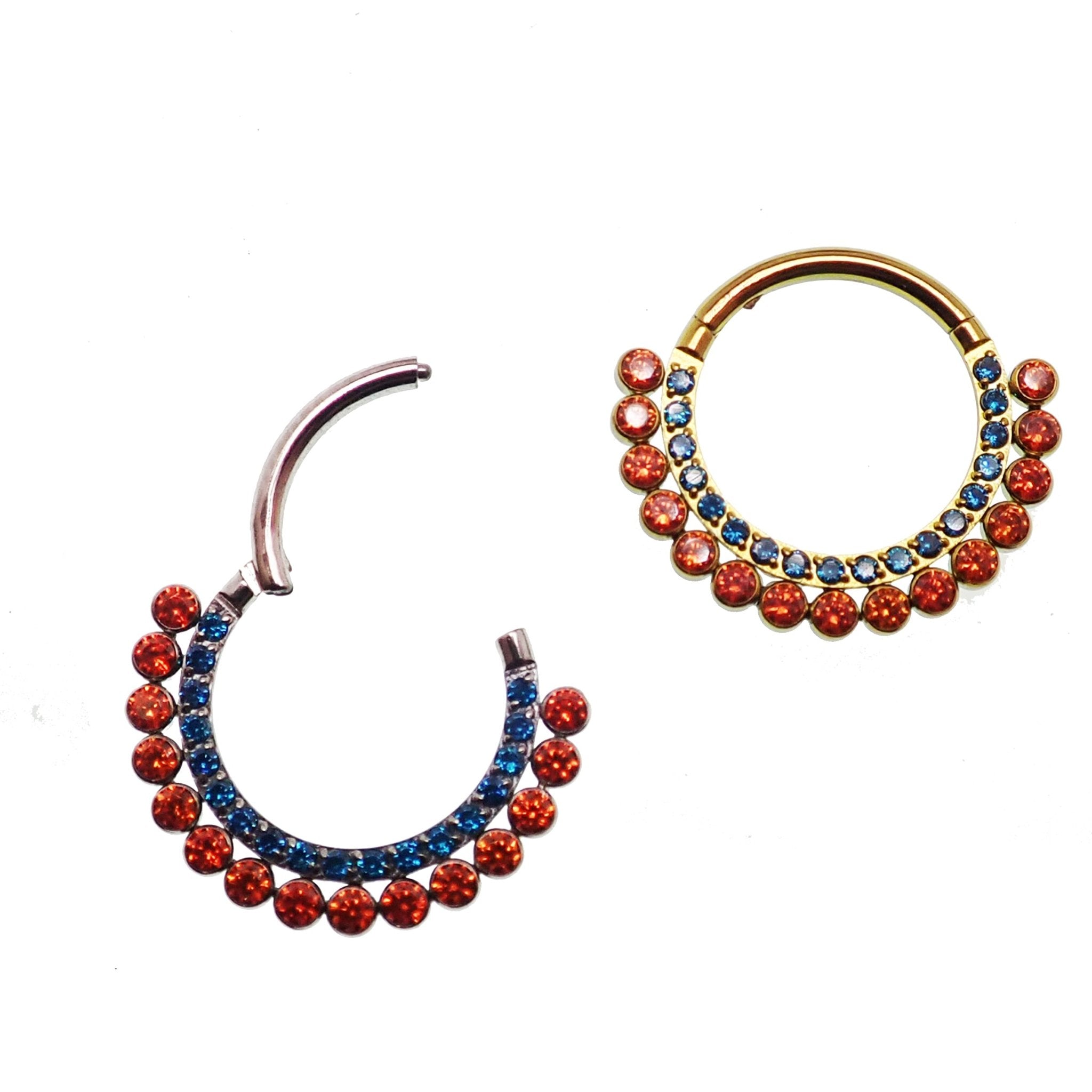 Orange and blue CZ titanium clicker body jewelry in 16g with 8mm diameter, featuring vibrant color accents and a sleek design.