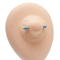 Peacock blue opal cone nipple bar in 14g body jewelry by Body Clickers, featuring a sleek design and vibrant color.
