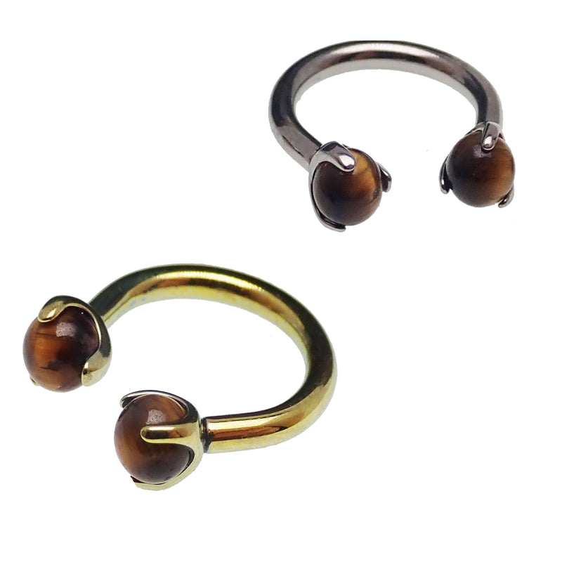 Body Clickers Tiger's Eye Horseshoe body jewelry, 16g, featuring a polished tiger's eye stone in an 8mm horseshoe design.