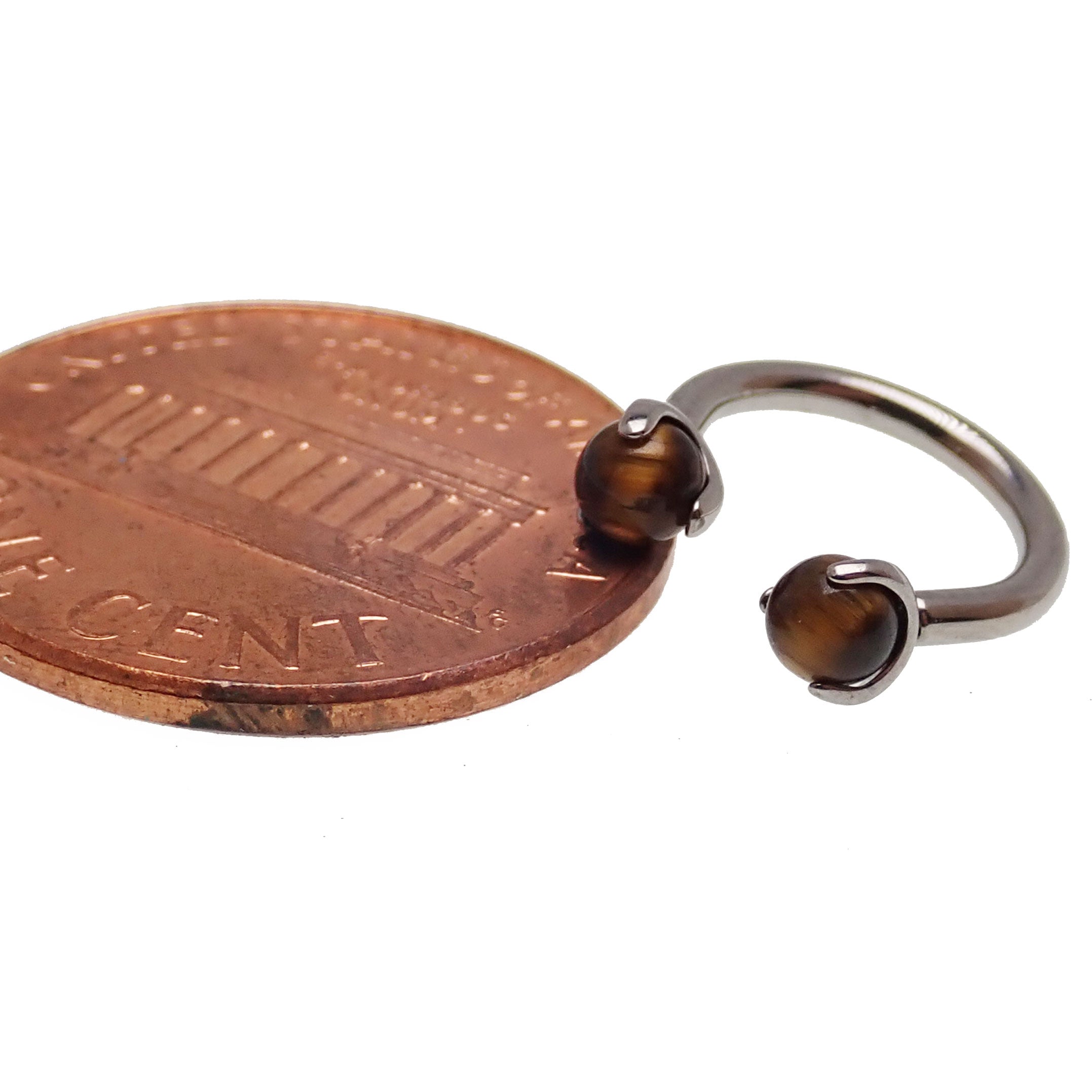 Tiger's Eye horseshoe body jewelry by Body Clickers, 8mm, 16g, featuring polished tiger's eye stone and curved horseshoe shape.