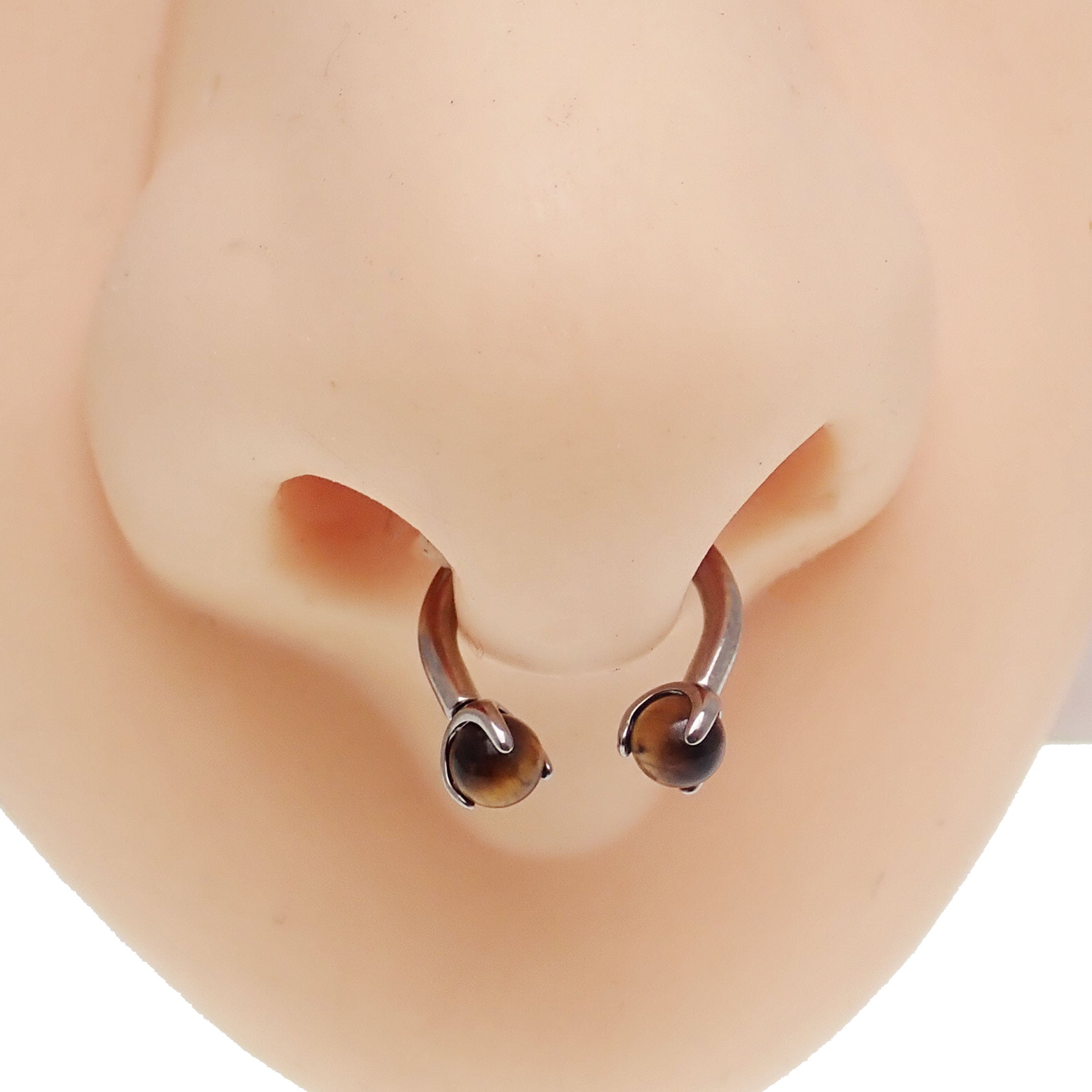 Body Clickers Tiger's Eye Horseshoe body jewelry in 16g with 8mm stones, featuring a polished tiger's eye design.