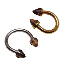 Titanium circular tiger's eye body jewelry in 14g with 8mm diameter, featuring polished tiger's eye stone and durable titanium material.