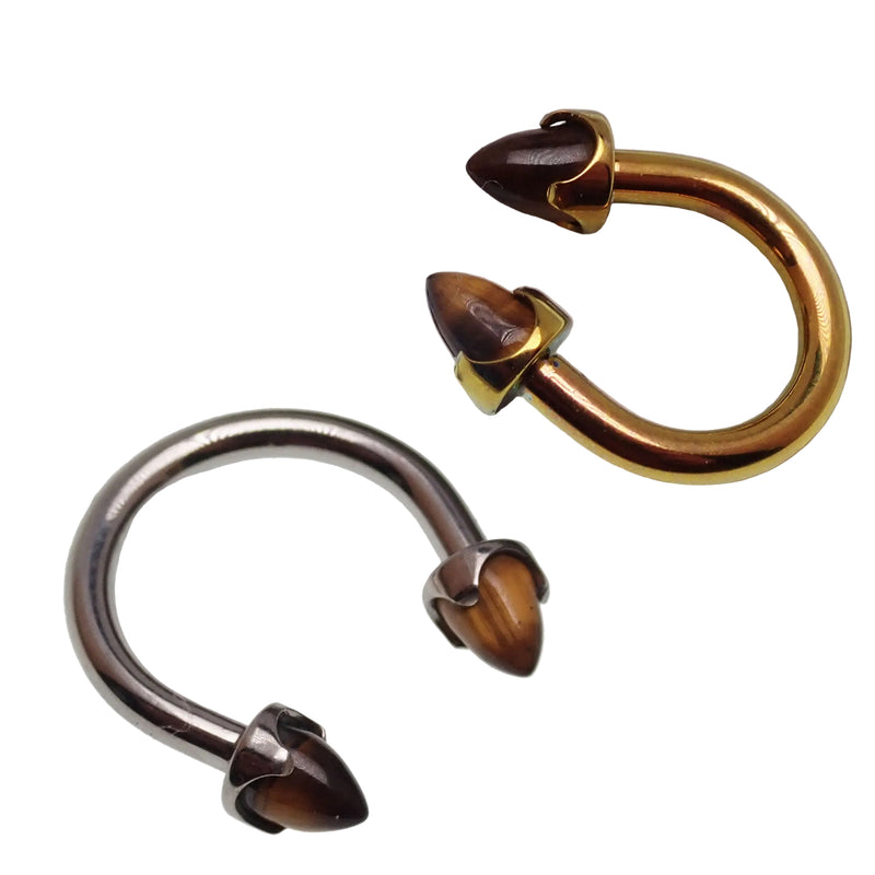 Titanium circular tiger's eye body jewelry in 14g with 8mm diameter, featuring polished tiger's eye stone and durable titanium material.
