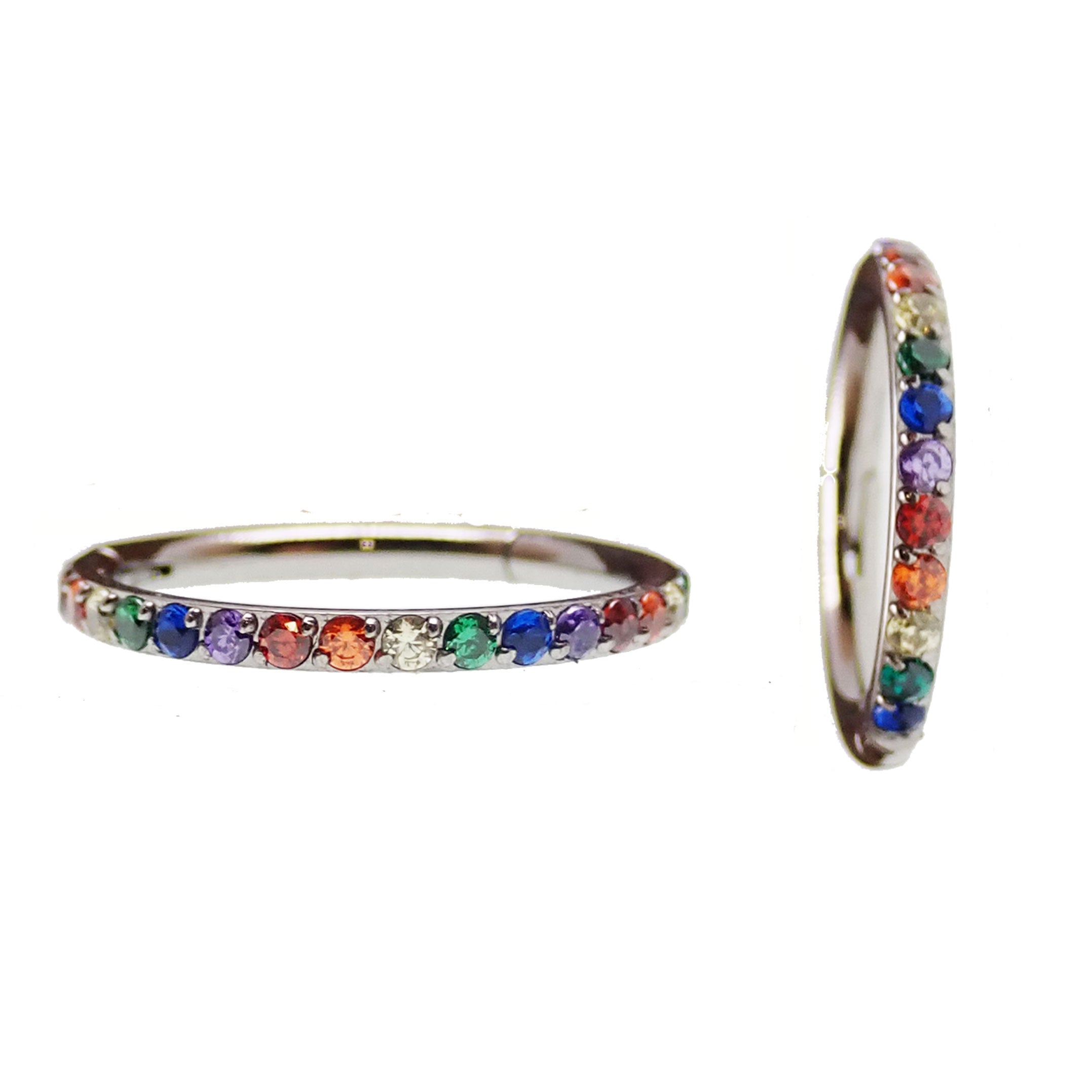 Titanium multi-stone CZ stone clicker body jewelry in 16g with 8mm diameter, featuring colorful sparkling stones.