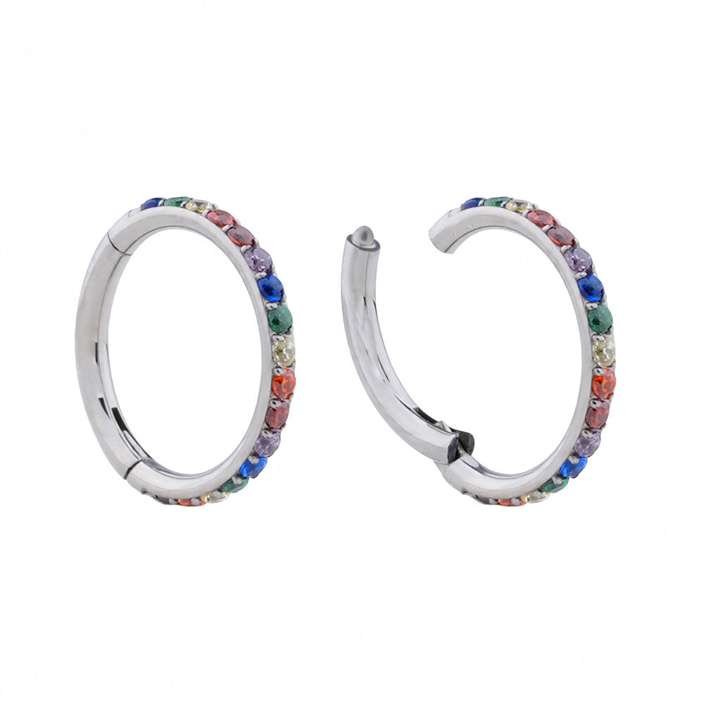 Titanium multi-stone CZ stone clicker body jewelry in 16g with 8mm size, featuring colorful gemstones and a sleek design.