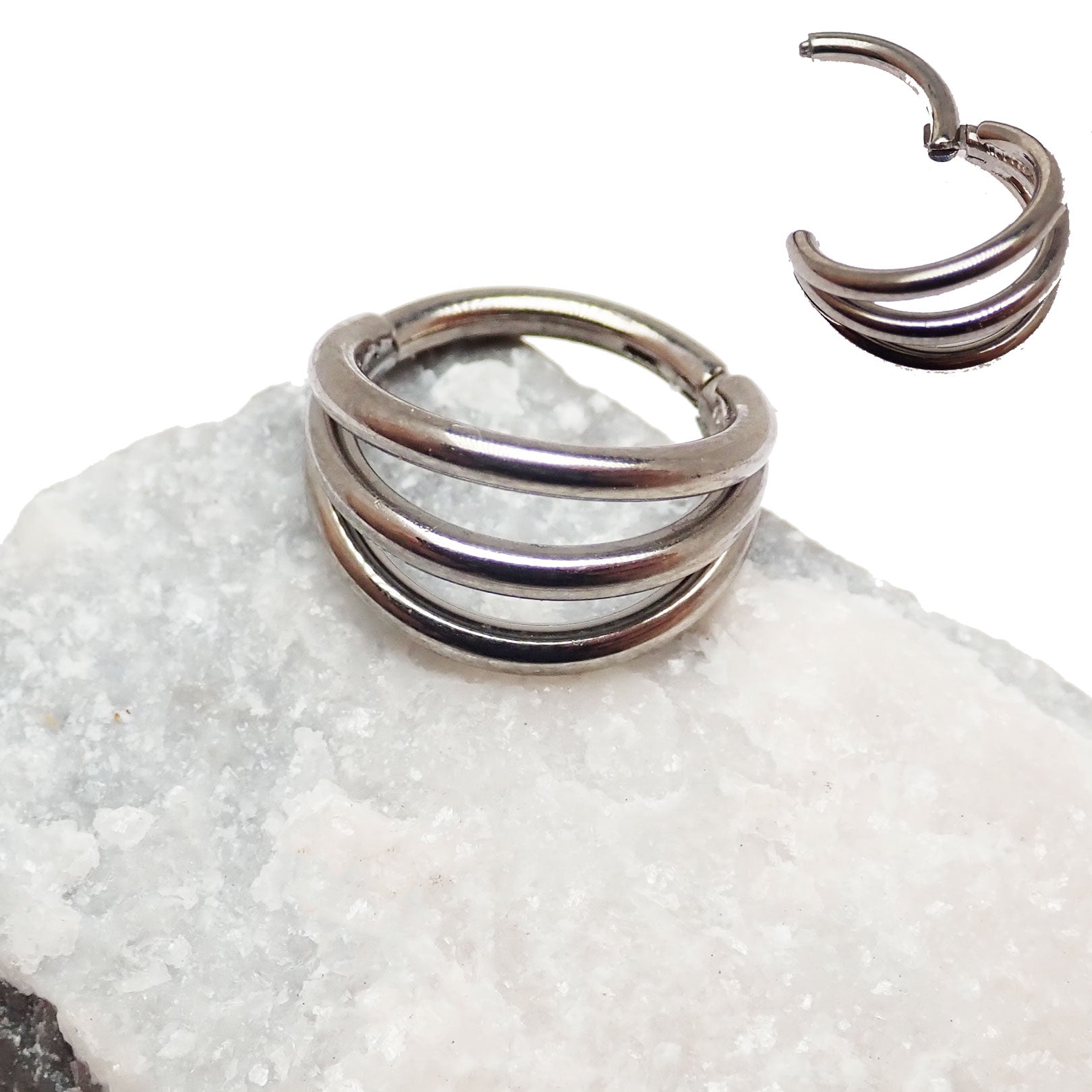 Tri-Hoop Titanium Clicker body jewelry in 16g with 8mm diameter from Body Clickers, featuring three connected hoops.
