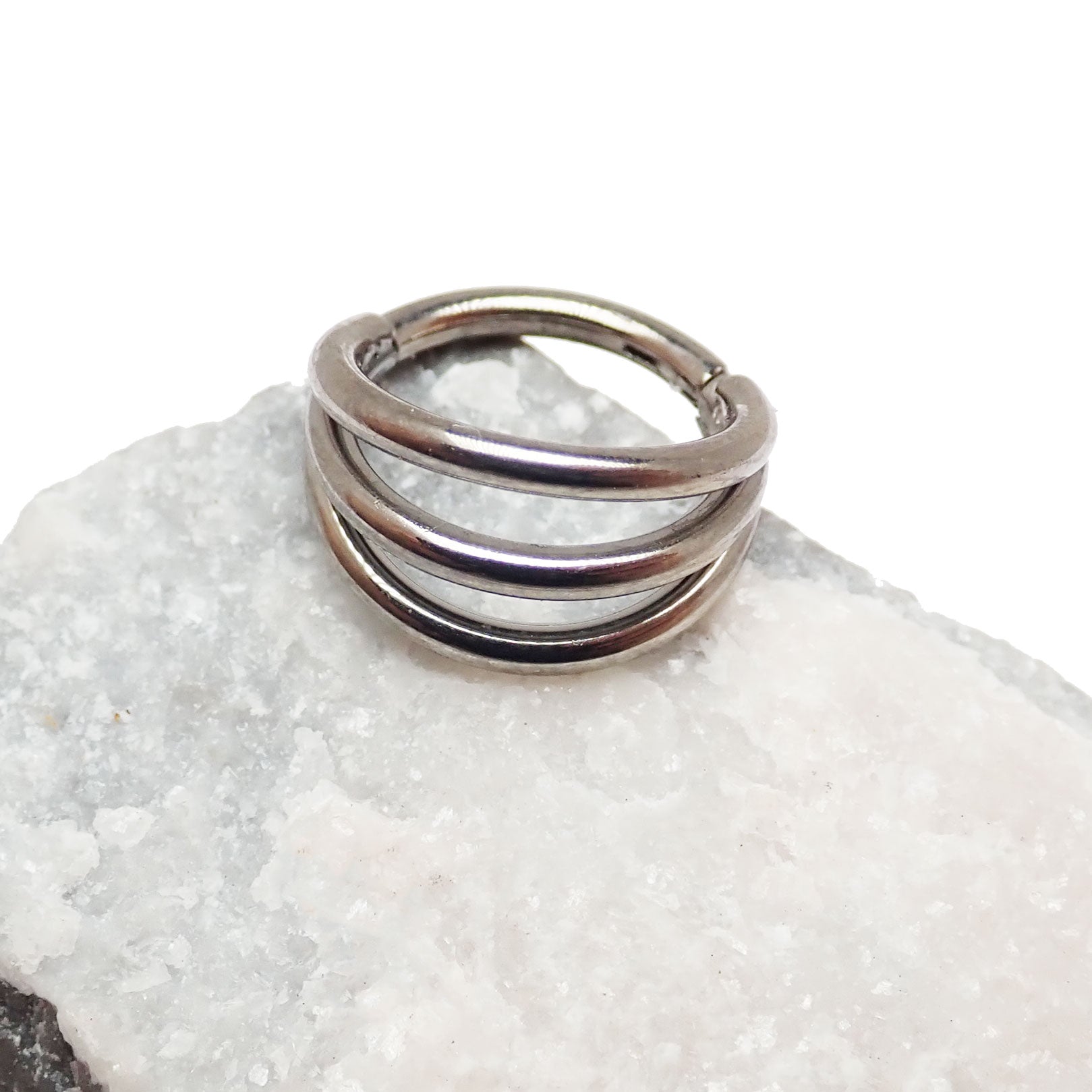 Titanium Tri-Hoop Clicker body jewelry with 8mm diameter, 16 gauge thickness, by Body Clickers, designed for piercings.