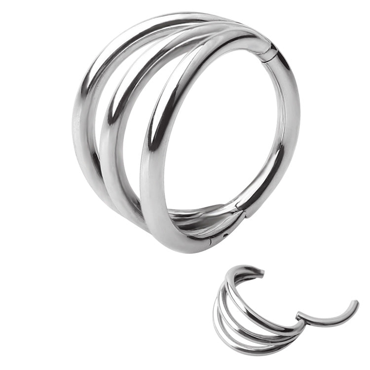 Tri-Hoop titanium clicker body jewelry in 16g with 8mm hoops, designed for comfortable, stylish body piercing.