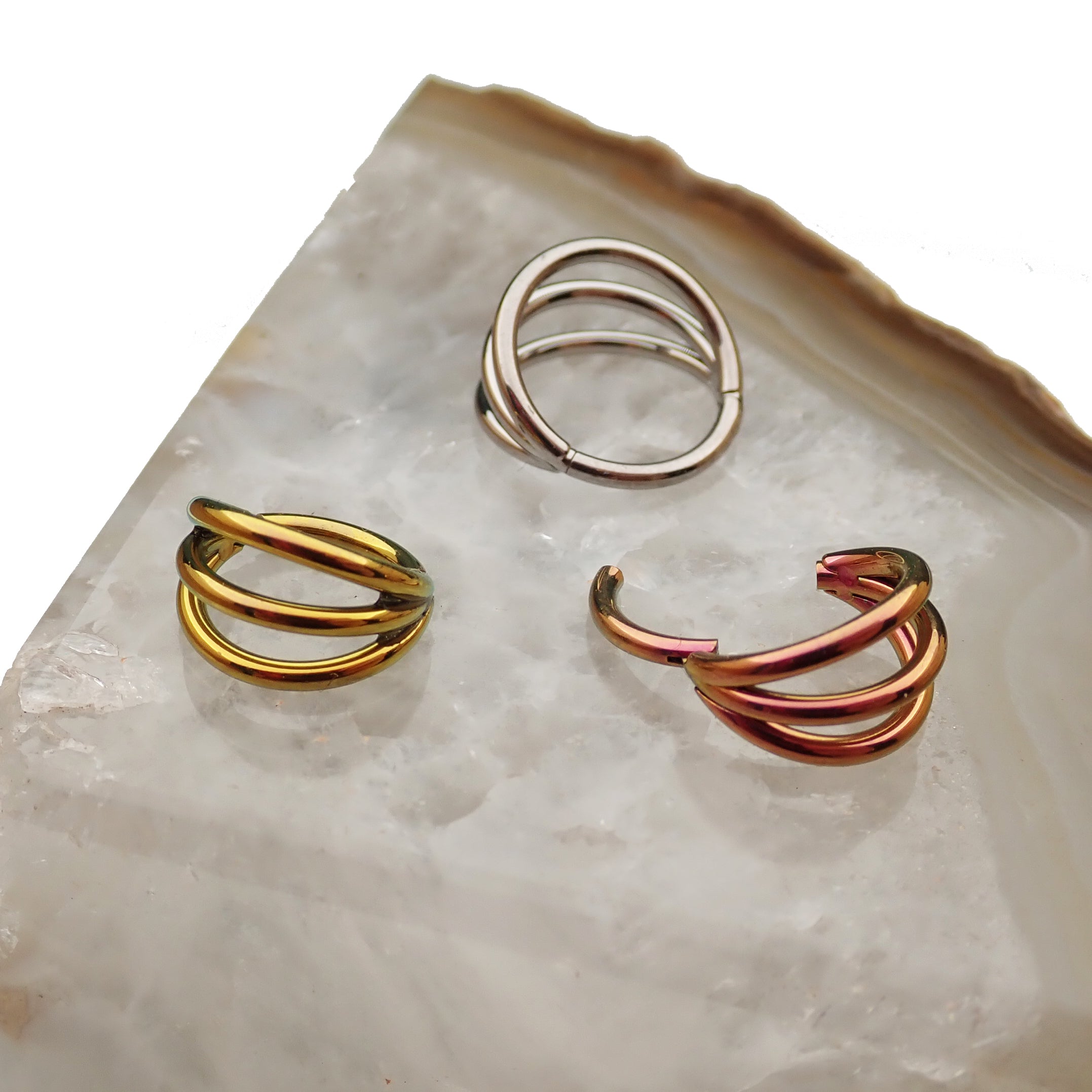 Titanium Tri-Hoop Clicker body jewelry in 16g with 8mm diameter from Body Clickers, showcasing a sleek, curved design.