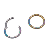 Tri-Opal inlaid titanium clicker body jewelry, 16g, with 8mm diameter, by Body Clickers, featuring colorful opal inlay and sleek design.