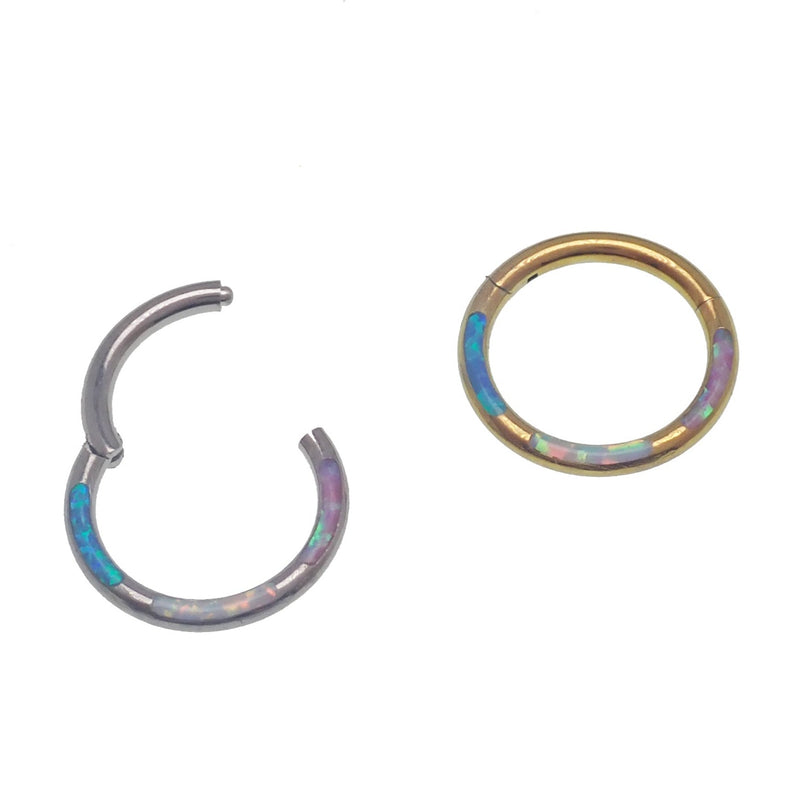 Tri-Opal inlaid titanium clicker body jewelry, 16g, with 8mm diameter, by Body Clickers, featuring colorful opal inlay and sleek design.