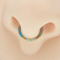 Tri-Opal inlaid titanium clicker body jewelry in 16g with 8mm diameter, featuring vibrant opal inlays and a sleek design.