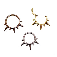 Tri-spiked beaded septum clicker body jewelry in 16g with metallic finish and decorative beads, designed for septum piercings.