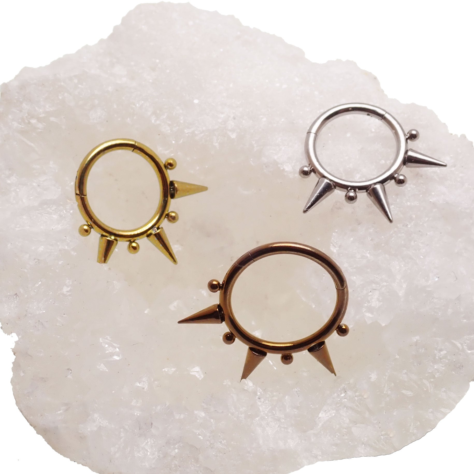 Beaded septum clicker body jewelry with tri-spiked design in 16g by Body Clickers, featuring an 8mm width.
