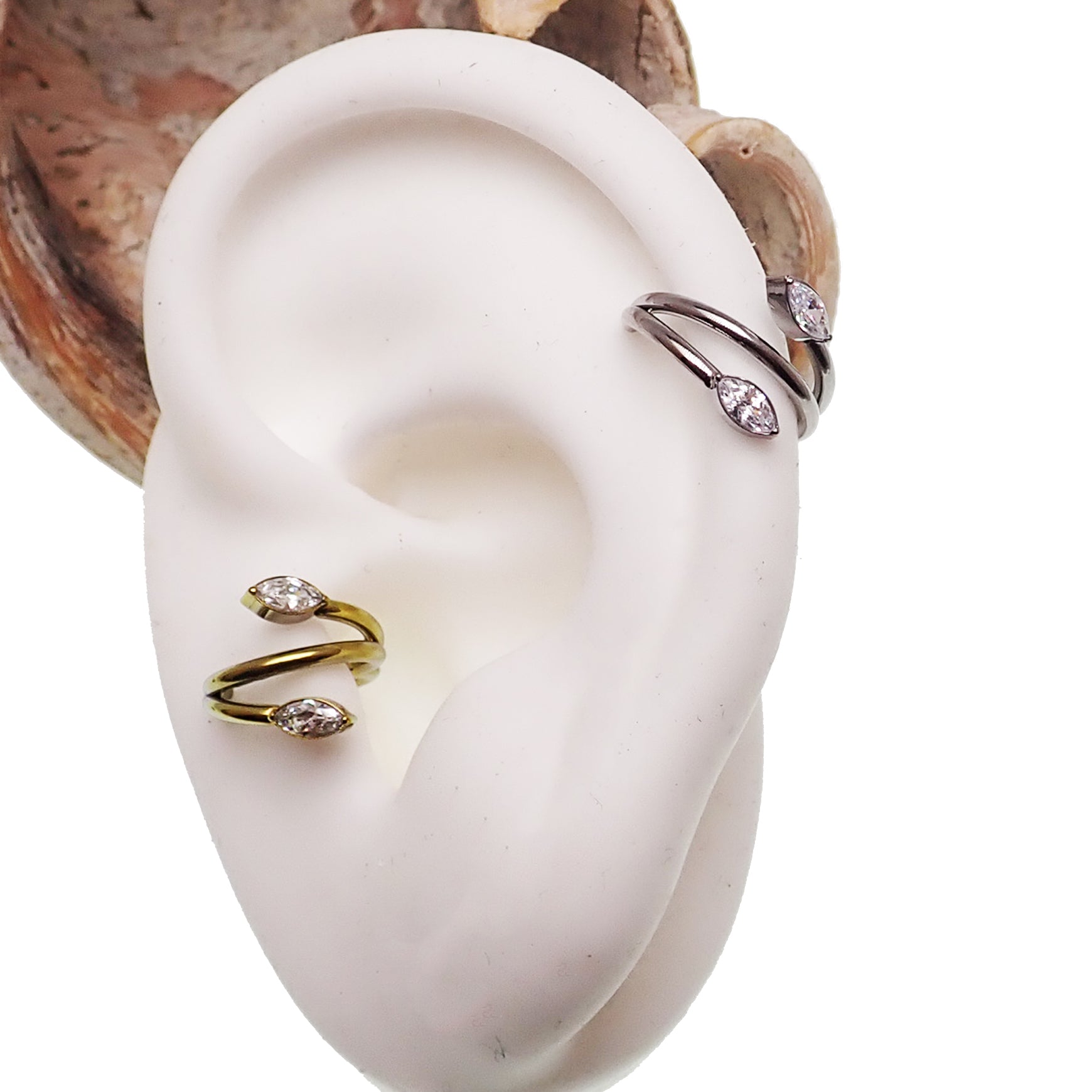 Vine leaf CZ clicker body jewelry in 16g with 8mm design, featuring silver-tone body clickers with sparkling CZ stones.